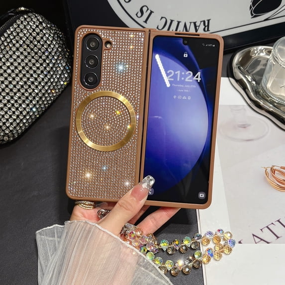 ELEHOLD Bling Magnetic Case for Samsung Galaxy Z Fold 7 2025,Full Rhinestone Crystal Glitter Magnetic Shockproof Cover for Women with Detachable Beaded Wrist Strap,Gold