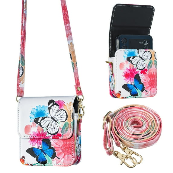 ELEHOLD Butterfly Crossbody Phone Bag for Samsung Galaxy Z Flip 7 2025/7 FE/6/5/4/3, Lightweight Faux Leather Mini Shoulder Bag Slim Non-Slip Travel Pouch Case with Strap for Women,A