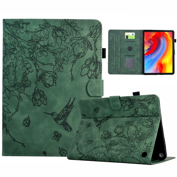 ELEHOLD Case For Amazon Fire 7 2015/2017/2019 Embossed Flowers and Birds Leather Tablet Case, Slim Back Smart Cover, Full Body Protection, Kickstand,with Card Pocket, Green