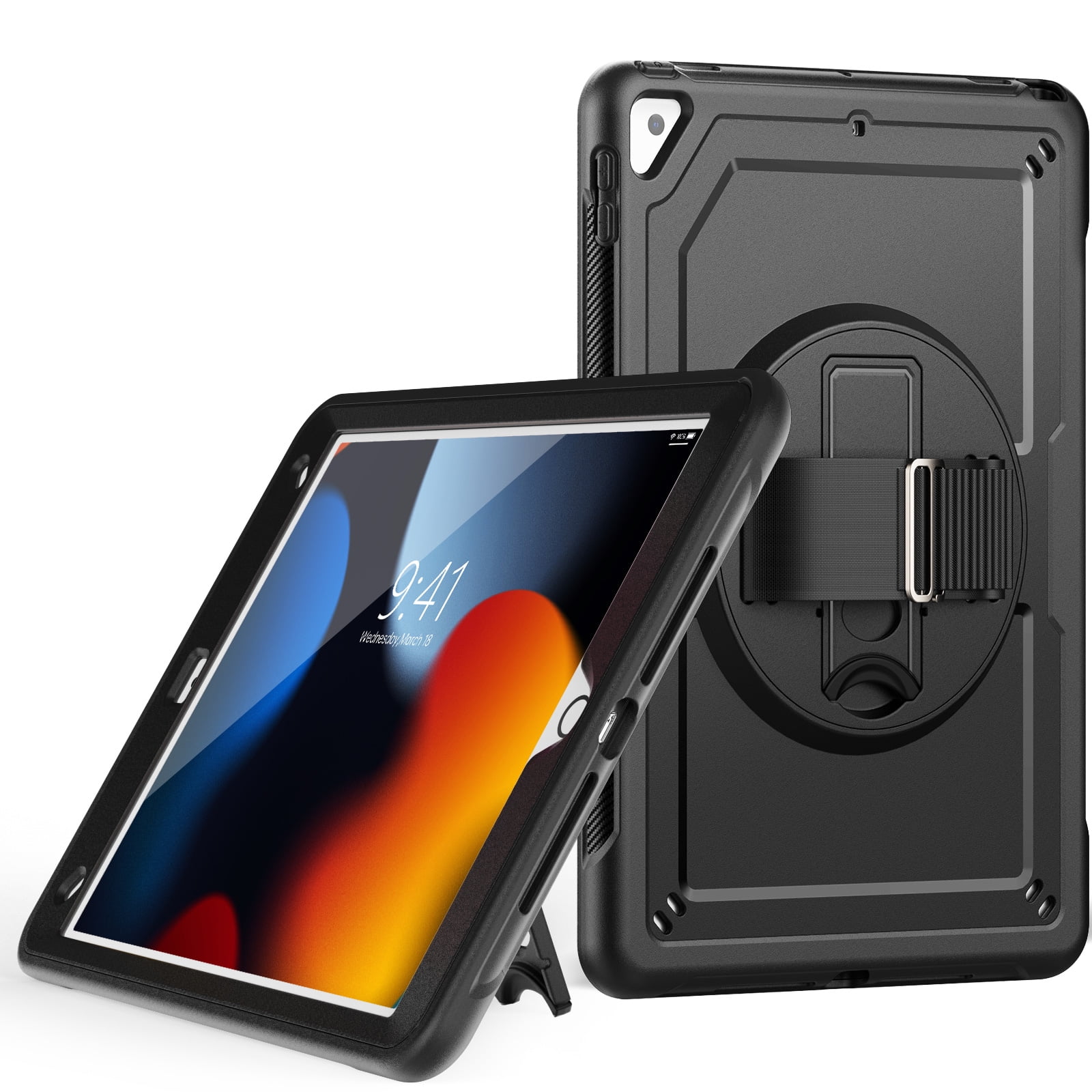 ELEHOLD Case for Apple iPad 10.2 2021/2020/2019 Pro 10.5'2017)(Air 3 10.5 (2019),Soft TPU Rugged Durable Case with 360° Rotating Hand Strap & Foldable Hidden Stand & Pencil Holder,Black