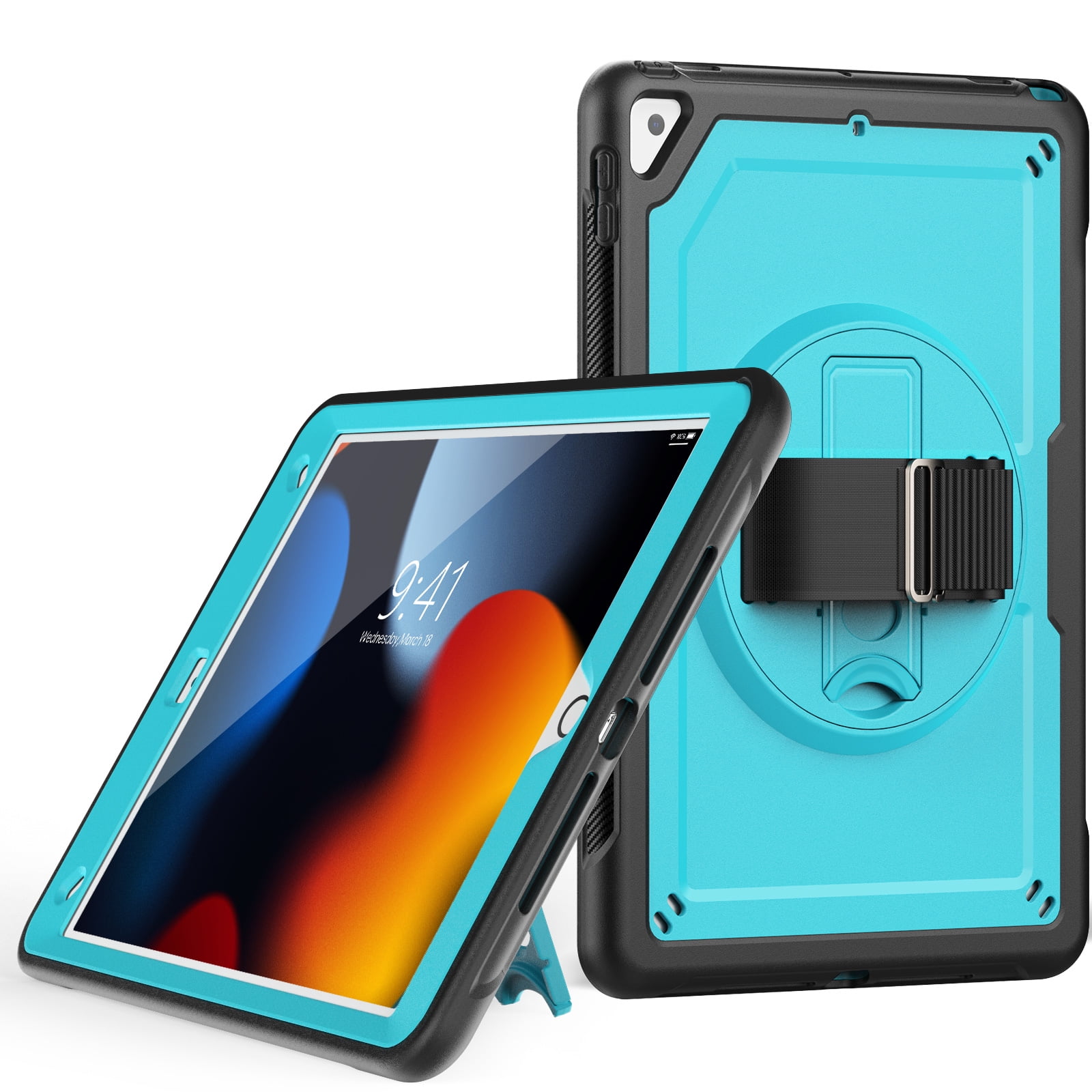 ELEHOLD Case for Apple iPad 10.2 2021/2020/2019 Pro 10.5'2017)(Air 3 10.5 (2019),Soft TPU Rugged Durable Case with 360° Rotating Hand Strap & Foldable Hidden Stand & Pencil Holder,Lightblue