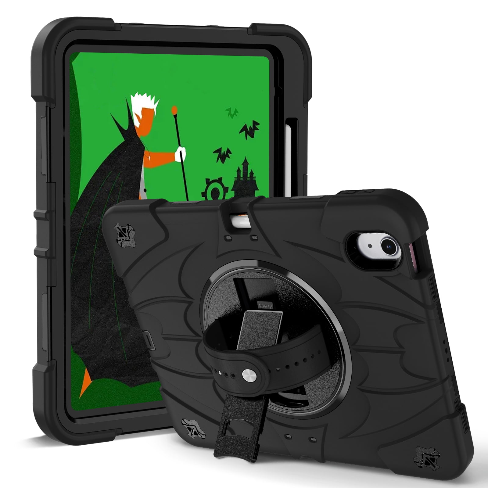ELEHOLD Case for Apple iPad 10th Gen, Heavy Duty Shockproof Case with Pencil Holder/Stand/Hand Strap/Shoulder Belt, Rugged Protective Cover for Boys Girls,Black