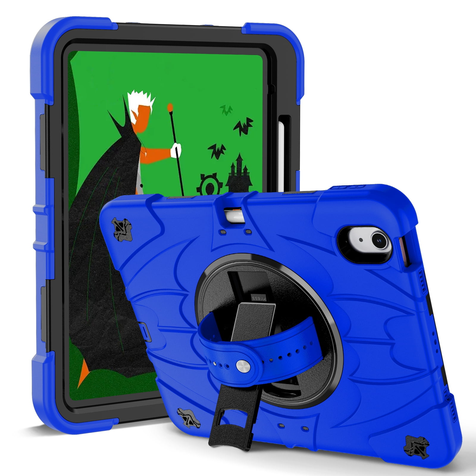 ELEHOLD Case for Apple iPad 10th Gen, Heavy Duty Shockproof Case with Pencil Holder/Stand/Hand Strap/Shoulder Belt, Rugged Protective Cover for Boys Girls,Blue
