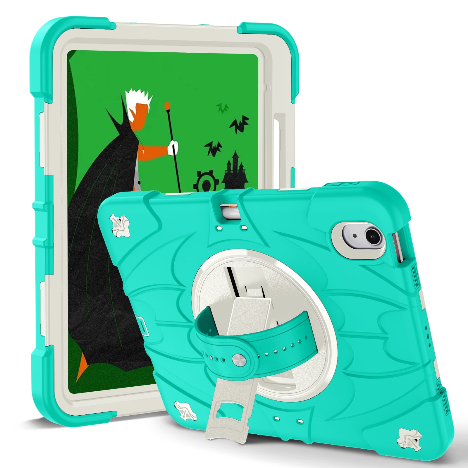ELEHOLD Case for Apple iPad 10th Gen, Heavy Duty Shockproof Case with Pencil Holder/Stand/Hand Strap/Shoulder Belt, Rugged Protective Cover for Boys Girls,Mint
