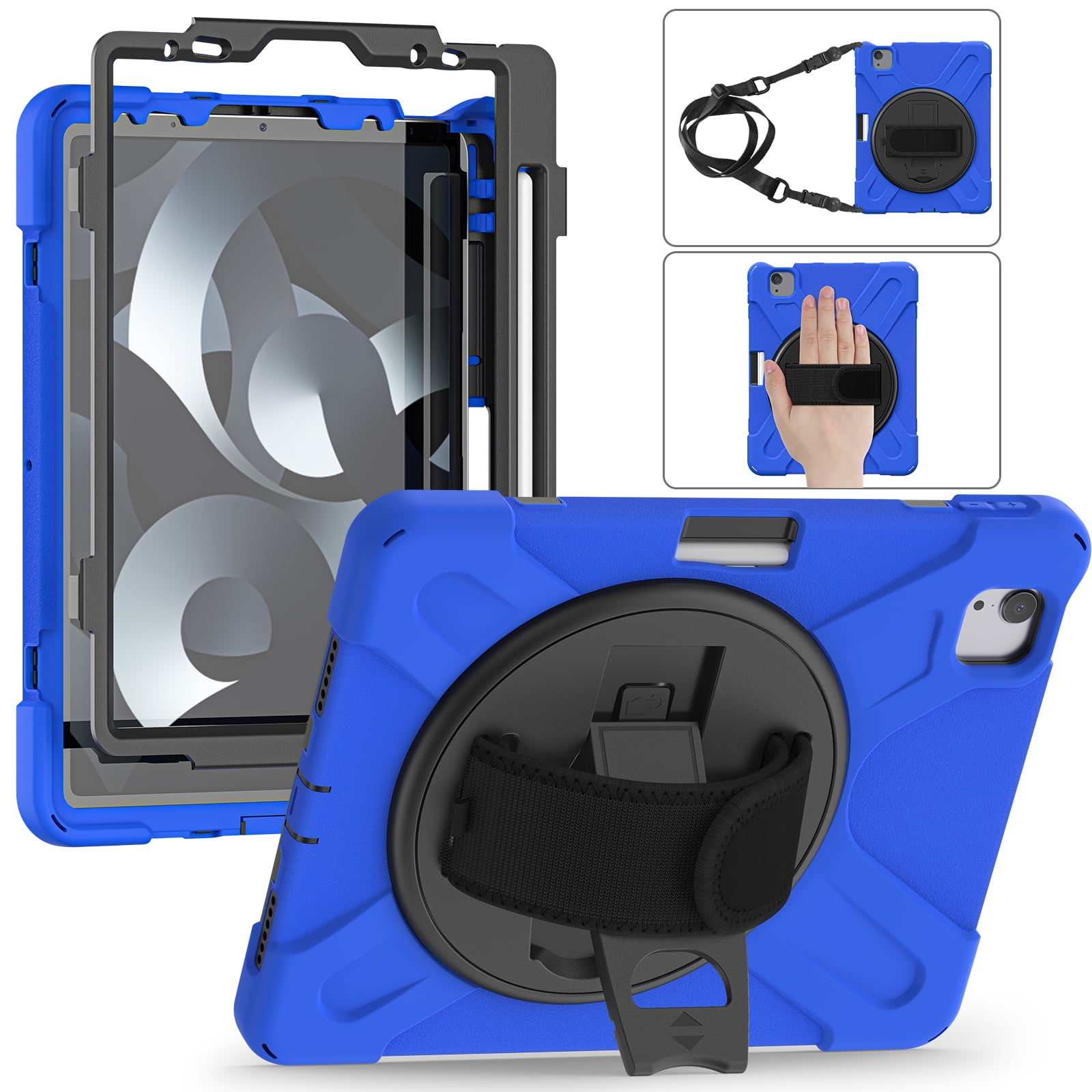 ELEHOLD Case For Apple iPad 11th(A16) 2025/10th Gen 2022, Military Grade Silicone Hybrid Rugged Case with Pencil Holder Rotating Stand Hand/Shoulder Strap,Blue