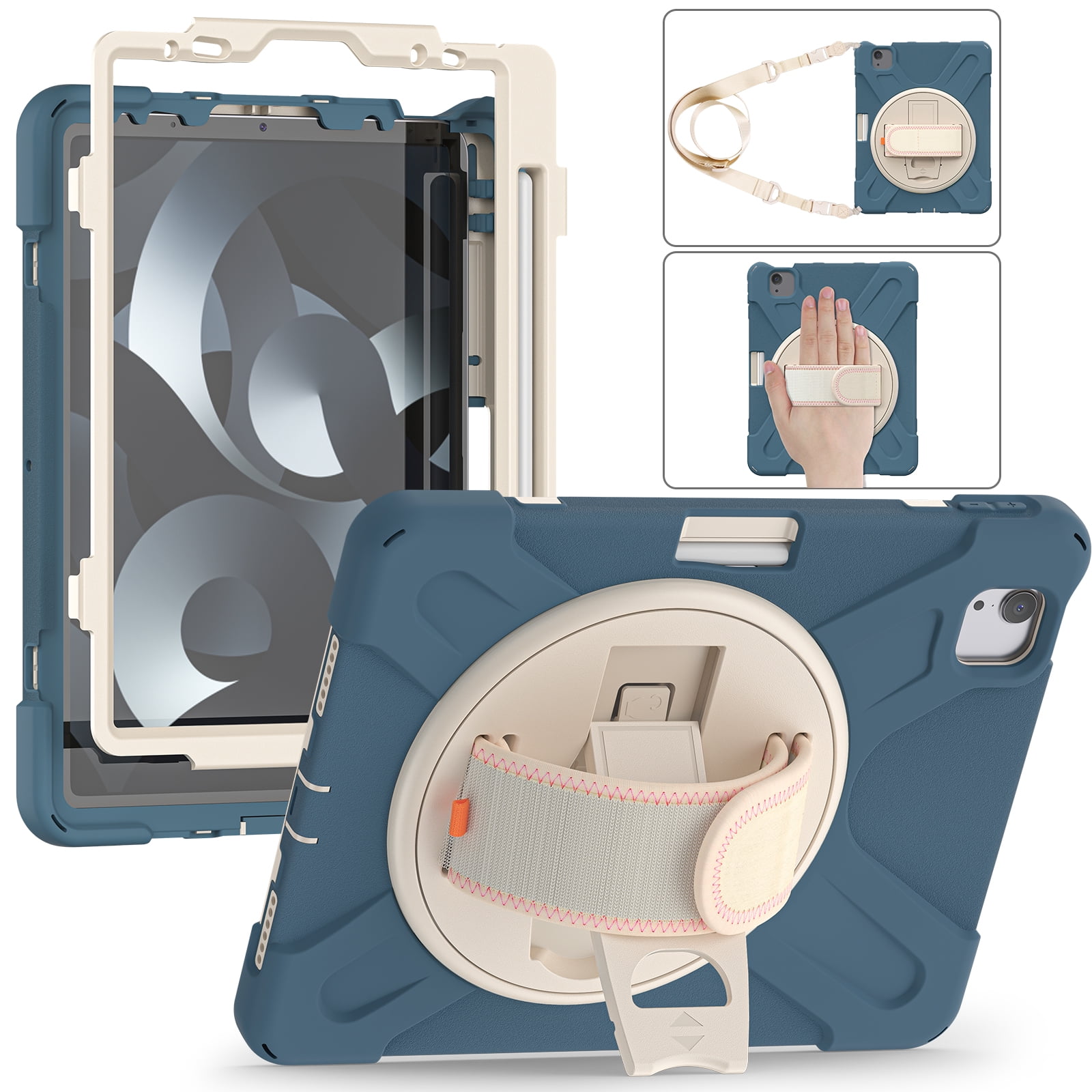 ELEHOLD Case For Apple iPad 11th(A16) 2025/10th Gen 2022, Military Grade Silicone Hybrid Rugged Case with Pencil Holder Rotating Stand Hand/Shoulder Strap,Cornflower Blue