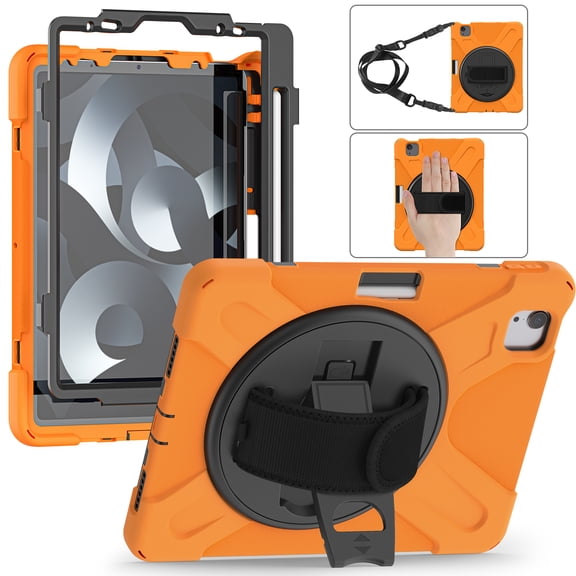 ELEHOLD Case For Apple iPad 11th(A16) 2025/10th Gen 2022, Military Grade Silicone Hybrid Rugged Case with Pencil Holder Rotating Stand Hand/Shoulder Strap,Orange