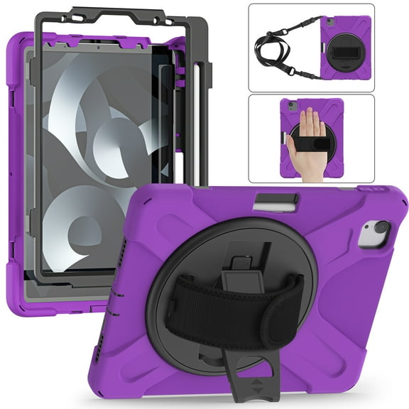 ELEHOLD Case For Apple iPad 11th(A16) 2025/10th Gen 2022, Military Grade Silicone Hybrid Rugged Case with Pencil Holder Rotating Stand Hand/Shoulder Strap,Purple