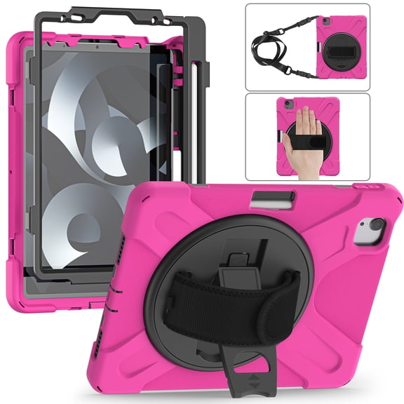 ELEHOLD Case For Apple iPad 11th(A16) 2025/10th Gen 2022, Military Grade Silicone Hybrid Rugged Case with Pencil Holder Rotating Stand Hand/Shoulder Strap,Rose