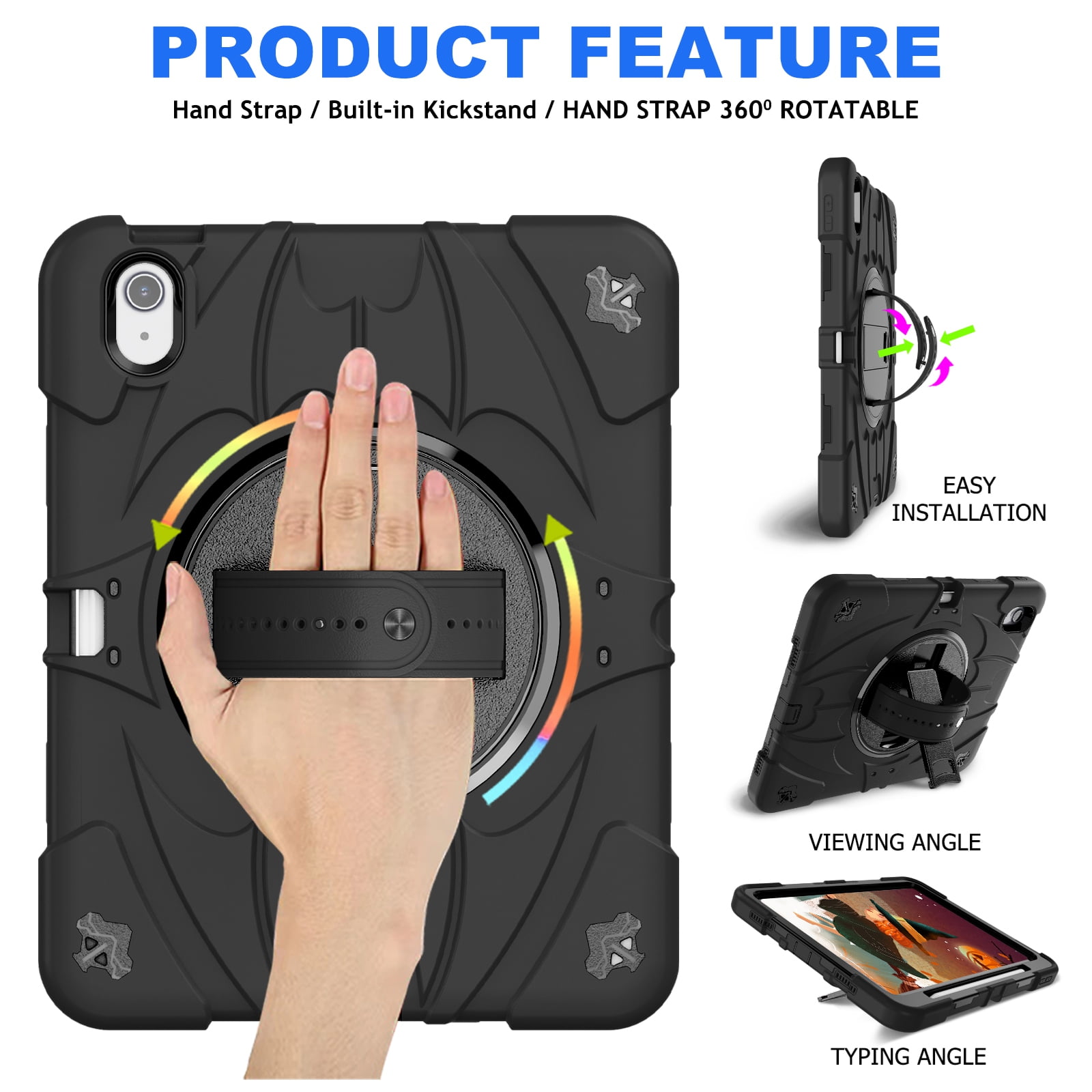 ELEHOLD Case for Apple iPad Air 11 (2024), Heavy Duty Shockproof Case with Pencil Holder/Stand/Hand Strap/Shoulder Belt, Rugged Protective Cover for Boys Girls,Black