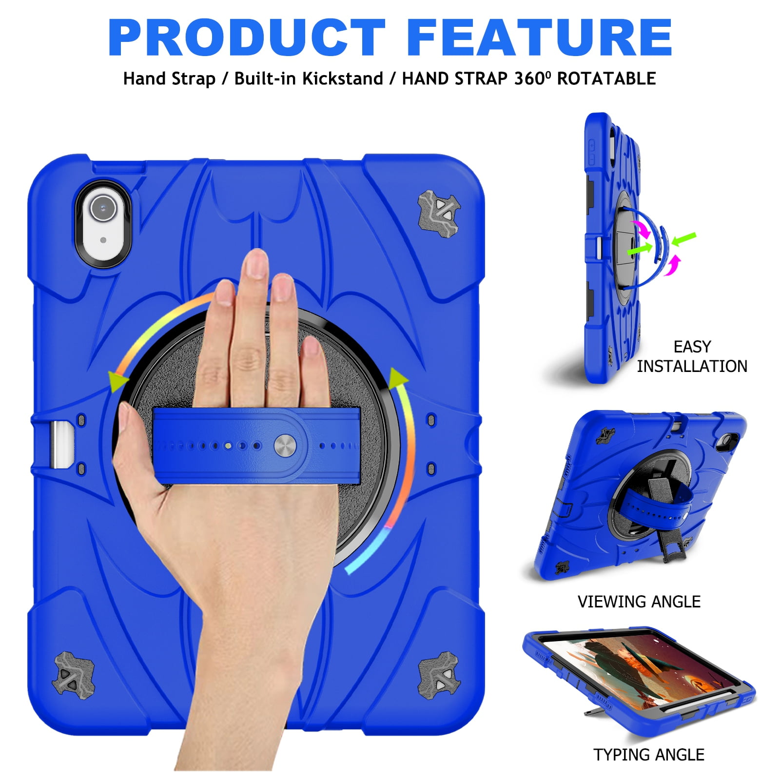 ELEHOLD Case for Apple iPad Air 11 (2024), Heavy Duty Shockproof Case with Pencil Holder/Stand/Hand Strap/Shoulder Belt, Rugged Protective Cover for Boys Girls,Blue