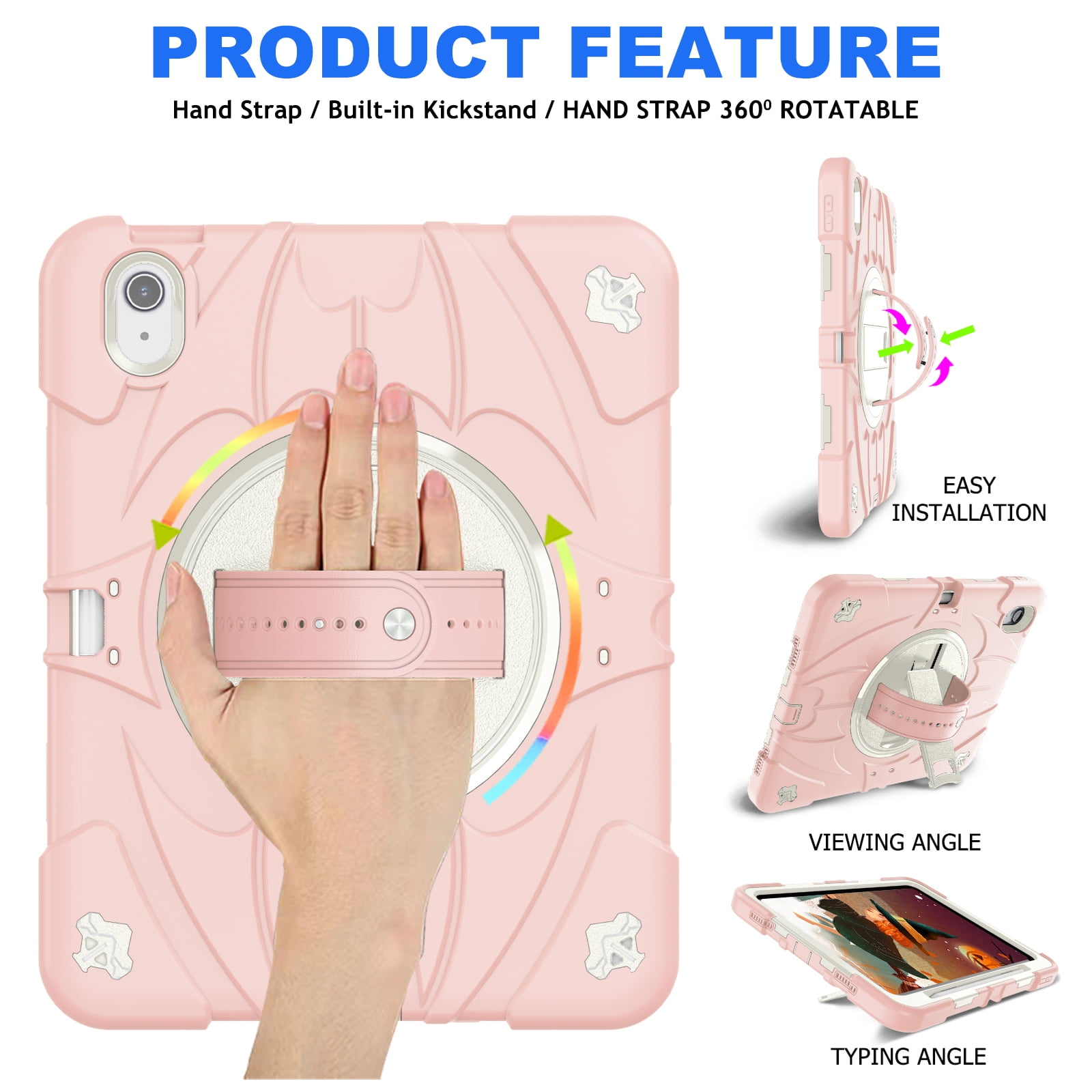 ELEHOLD Case for Apple iPad Air 11 (2024), Heavy Duty Shockproof Case with Pencil Holder/Stand/Hand Strap/Shoulder Belt, Rugged Protective Cover for Boys Girls,Pink