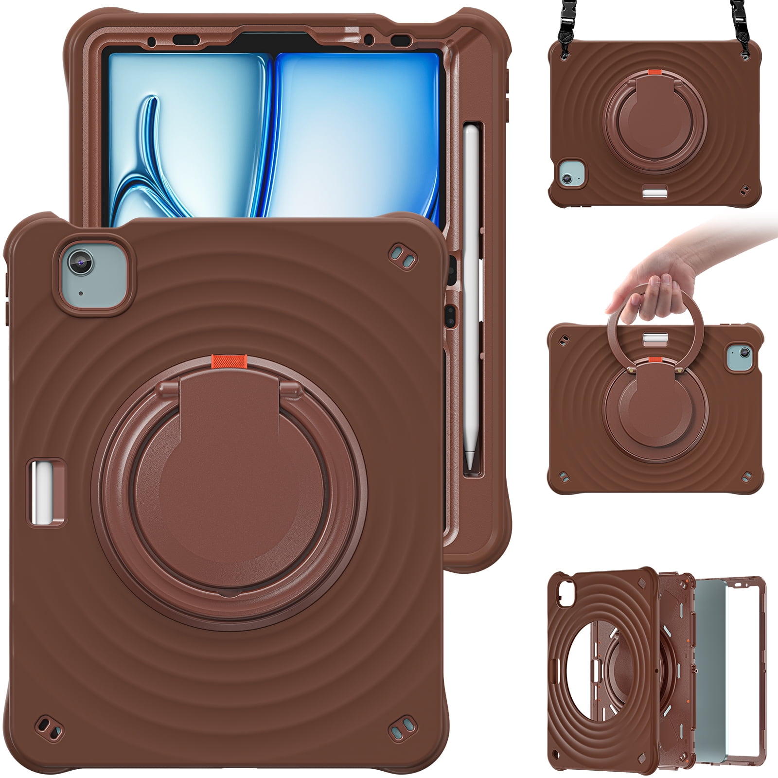 ELEHOLD Case for Apple iPad Air 11 (2024), Portable Hybrid Shockproof iPad Case with Pencil Holder & Hanging Ring Handle Rotatable Kickstand,Chocolate