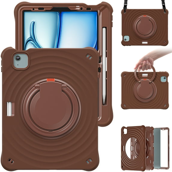 ELEHOLD Case for Apple iPad Air 11 (2024), Portable Hybrid Shockproof iPad Case with Pencil Holder & Hanging Ring Handle Rotatable Kickstand,Chocolate