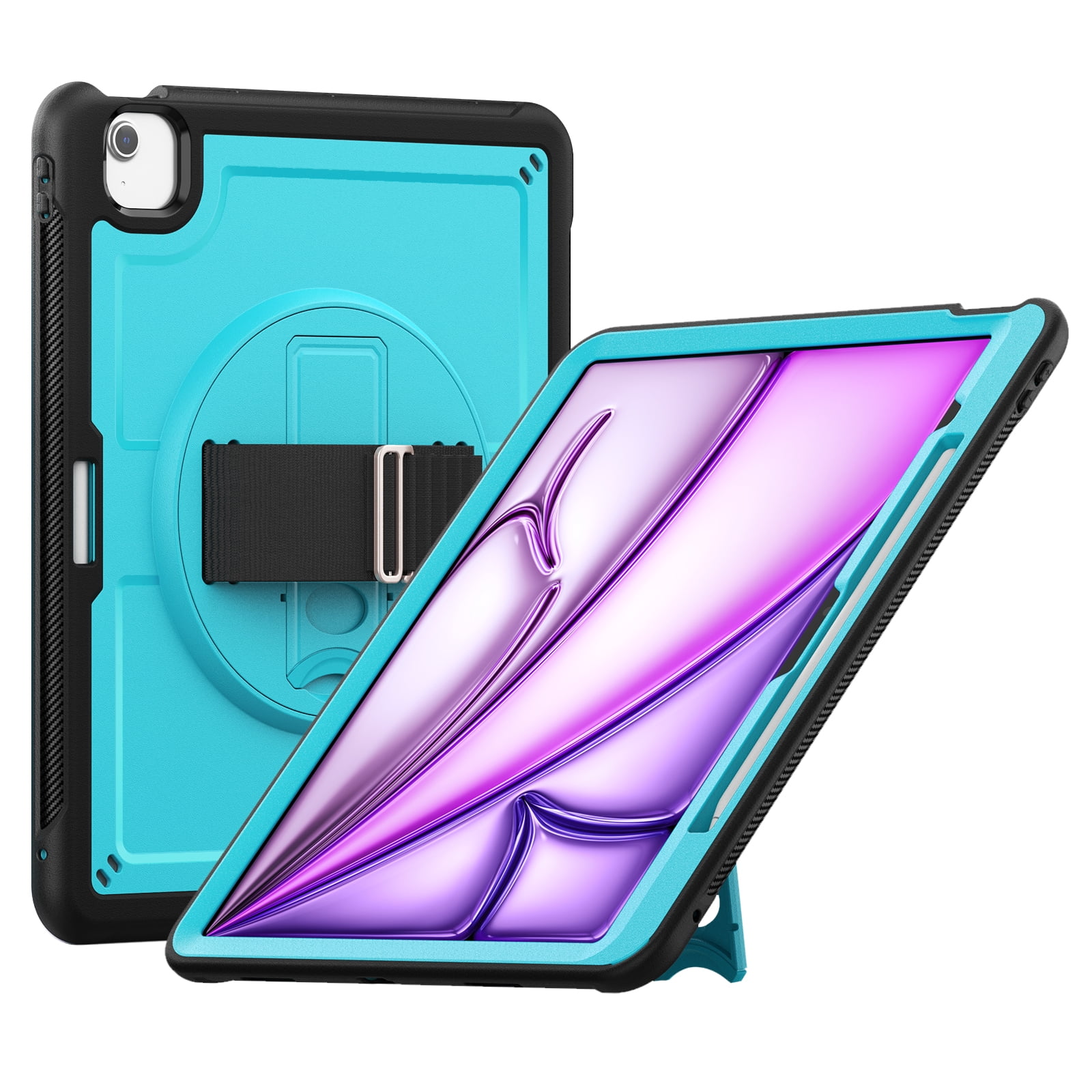 ELEHOLD Case for Apple iPad Air 13 (2024),Soft TPU Rugged Durable Case with 360° Rotating Hand Strap & Foldable Hidden Stand & Pencil Holder,Lightblue