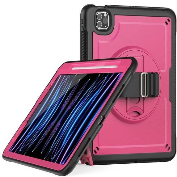 ELEHOLD Case for Apple iPad Pro 11 2022/2021/2020/2018/air4 10.9/air5,Soft TPU Rugged Durable Case with 360° Rotating Hand Strap & Foldable Hidden Stand & Pencil Holder,Rose