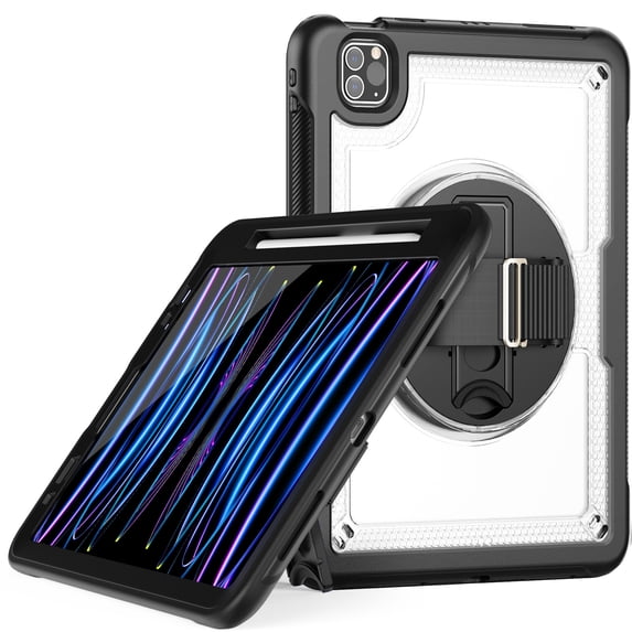 ELEHOLD Case for Apple iPad Pro 11 2022/2021/2020/2018/air4 10.9/air5,Soft TPU Rugged Durable Case with 360° Rotating Hand Strap & Foldable Hidden Stand & Pencil Holder,Clear