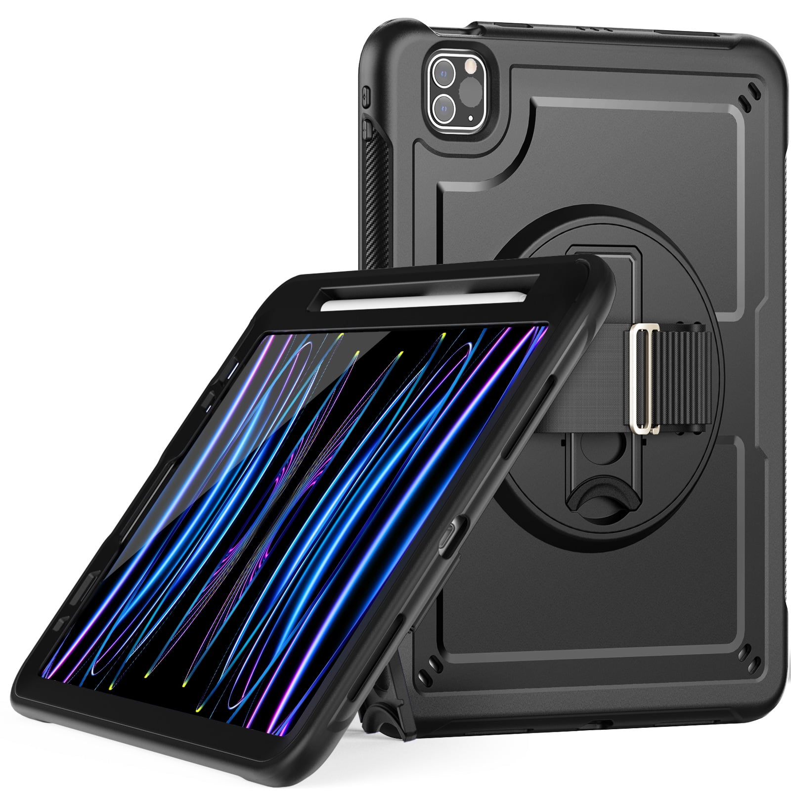 ELEHOLD Case for Apple iPad Pro 11 2022/2021/2020/2018/air4 10.9/air5,Soft TPU Rugged Durable Case with 360° Rotating Hand Strap & Foldable Hidden Stand & Pencil Holder,Black