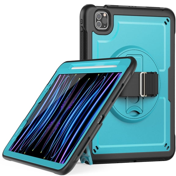 ELEHOLD Case for Apple iPad Pro 11 2022/2021/2020/2018/air4 10.9/air5,Soft TPU Rugged Durable Case with 360° Rotating Hand Strap & Foldable Hidden Stand & Pencil Holder,Lightblue