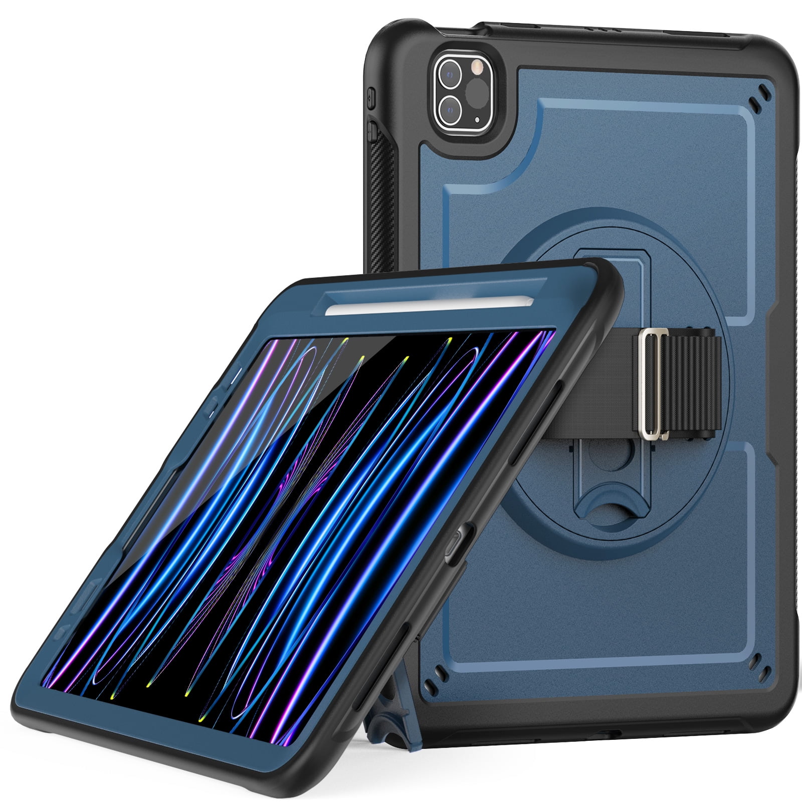 ELEHOLD Case for Apple iPad Pro 11 2022/2021/2020/2018/air4 10.9/air5,Soft TPU Rugged Durable Case with 360° Rotating Hand Strap & Foldable Hidden Stand & Pencil Holder,Navyblue
