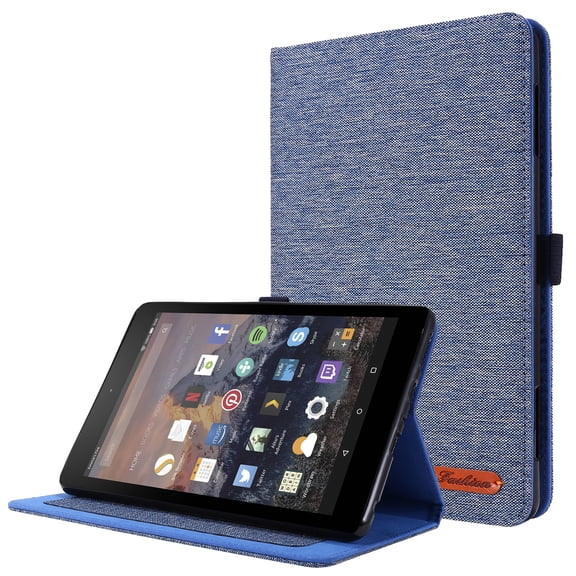 ELEHOLD Case for Fire HD8/HD8plus(12th generation 2022 release), Heavy Duty Protection Fabric Case Print Stand Cover with Card Slots,Auto Wake Sleep,Blue