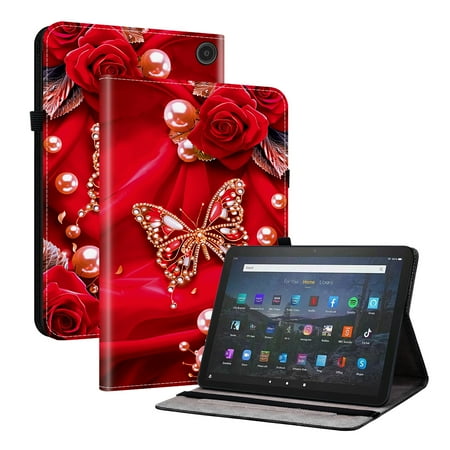 ELEHOLD Case For Amazon Fire Max 11 2023 11-inch, Stylish Pattern Shockproof PU Leather Kickstand Magnetic Slim Shockproof Case With Card Slots,Red