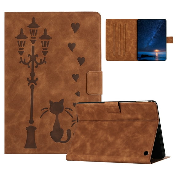 ELEHOLD Case For Amazon HD10 (2023) Kitty Pattern Leather Tablet Case, Slim Back Smart Cover, Auto Sleep/Wake, Full Body Protection, Kickstand,Brown