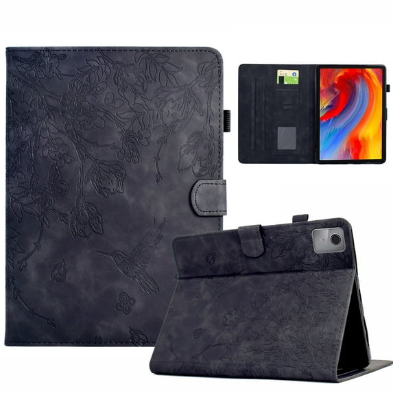 ELEHOLD Case For Lenovo Tab M9 2023 Embossed Flowers and Birds Leather Tablet Case, Slim Back Smart Cover, Full Body Protection, Kickstand,with Card Pocket, Black