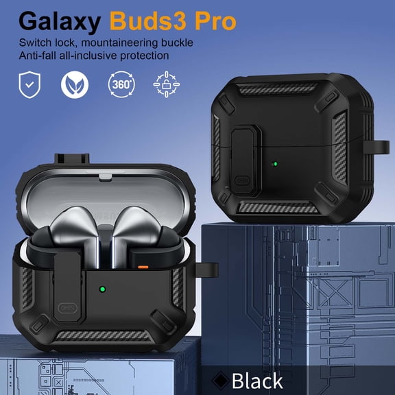 ELEHOLD Case For Samsung Galaxy Buds 3 FE 2025/3/3 Pro with Keychain, Full Body Shockproof Rugged Secure Lock Clip Protective Cover,Black
