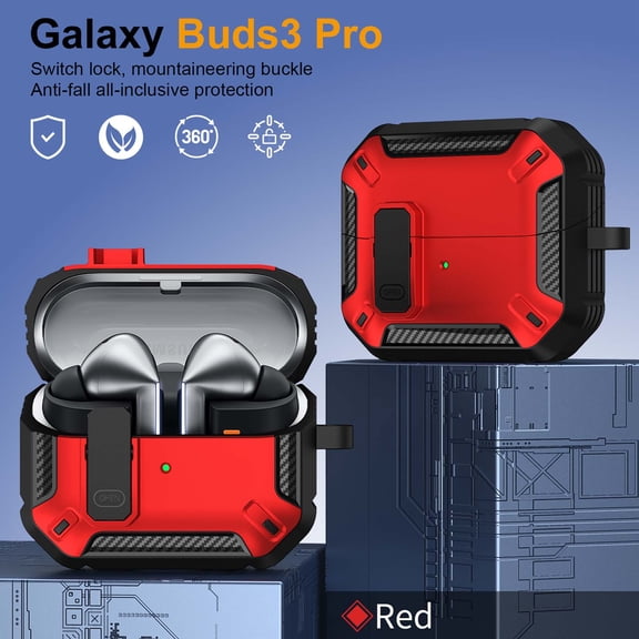 ELEHOLD Case For Samsung Galaxy Buds 3 FE 2025/3/3 Pro with Keychain, Full Body Shockproof Rugged Secure Lock Clip Protective Cover,Red