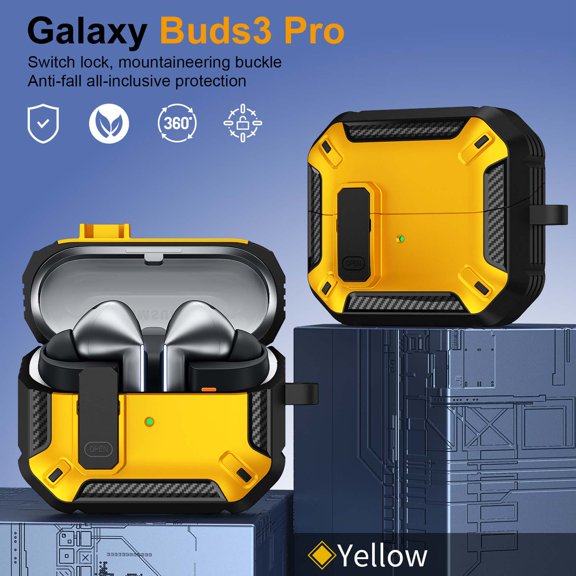 ELEHOLD Case For Samsung Galaxy Buds 3 FE 2025/3/3 Pro with Keychain, Full Body Shockproof Rugged Secure Lock Clip Protective Cover,Yellow