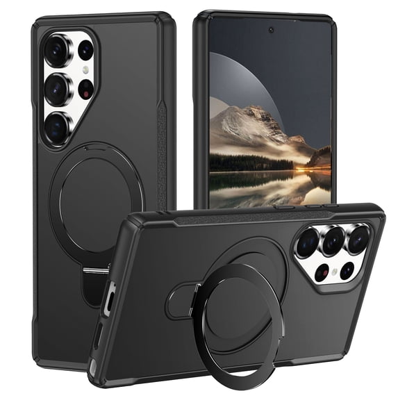 ELEHOLD Case For Samsung Galaxy S25 Ultra Slim Magnetic Shockproof Rugged Cover, With Adjustable Ring Stand, MagSafe Compatible, Black