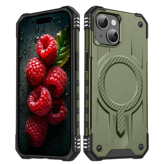 ELEHOLD Case For iPhone 15 Plus Air-Bags Shockproof Magnetic Rugged Case, Ergonomic Non-Slip Cover, Mag Safe Compatible, Armygreen