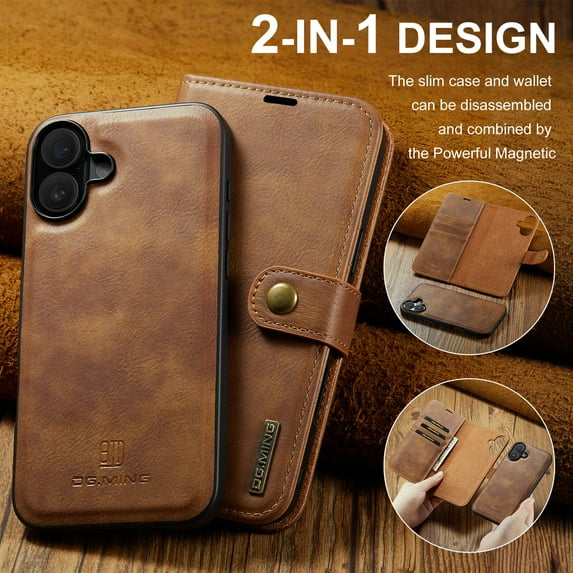 ELEHOLD Case For iPhone 16 , 2-in-1 Vintage Leather Wallet Case Magnetic Detachable Flip Folio Stand Slim Cover with Card Slots For iPhone 16,Brown