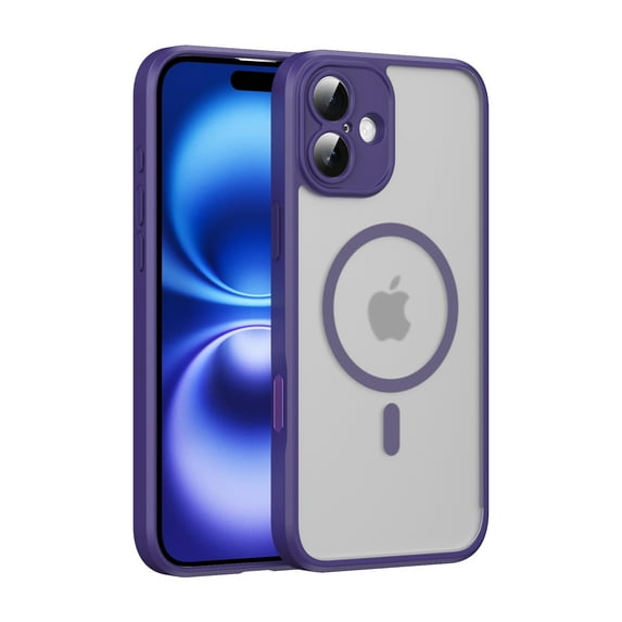 ELEHOLD Case For iPhone 16 Plus Frosted Semi-Transparent Shockproof Case Magnetic Rugged Cover, MagSafe Compatible, Support magnetic car mount, Lens Protection, Purple