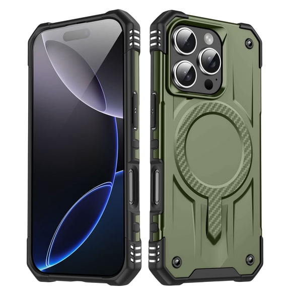ELEHOLD Case For iPhone 16 Pro Air-Bags Shockproof Magnetic Rugged Case, Ergonomic Non-Slip Cover, Mag Safe Compatible, Armygreen