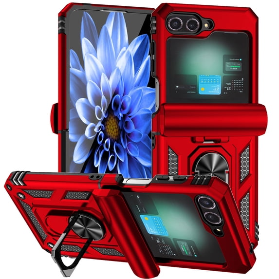 ELEHOLD Case for Galaxy Z Flip 6,Military Grade Protection Kickstand Metal Ring Holder Dual-Layer Heavy Duty TPU+PC Shockproof Case For Samsung Galaxy Z Flip 6 5G 2024,Red
