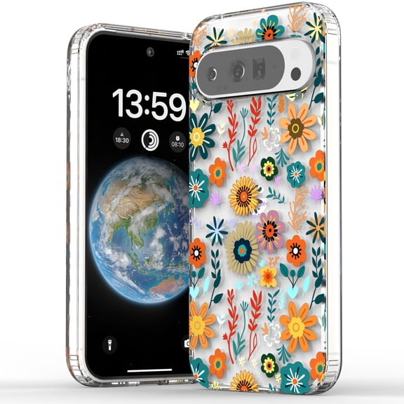 ELEHOLD Case for Google Pixel 10A, Elegant Transparent Follower Floral Slim Fit Shockproof Phone Case Fingerprint Resistant Cover for Google Pixel 10A ,D