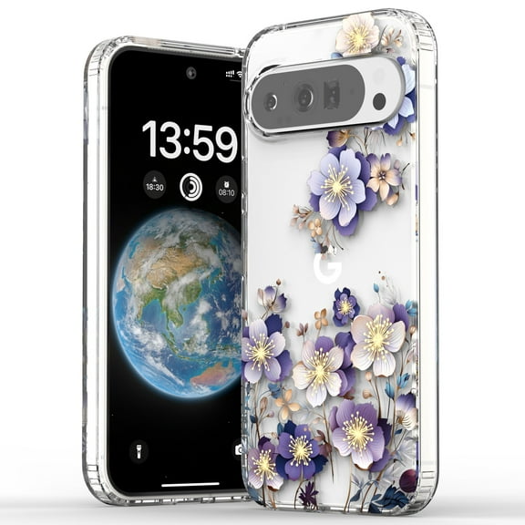 ELEHOLD Case for Google Pixel 9A, Elegant Transparent Follower Floral Slim Fit Shockproof Phone Case Fingerprint Resistant Cover for Google Pixel 9A ,G