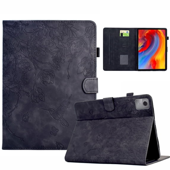 ELEHOLD Case For Lenovo Tab M10 Gen 3 Embossed Flowers and Birds Leather Tablet Case, Slim Back Smart Cover, Full Body Protection, Kickstand,with Card Pocket, Black