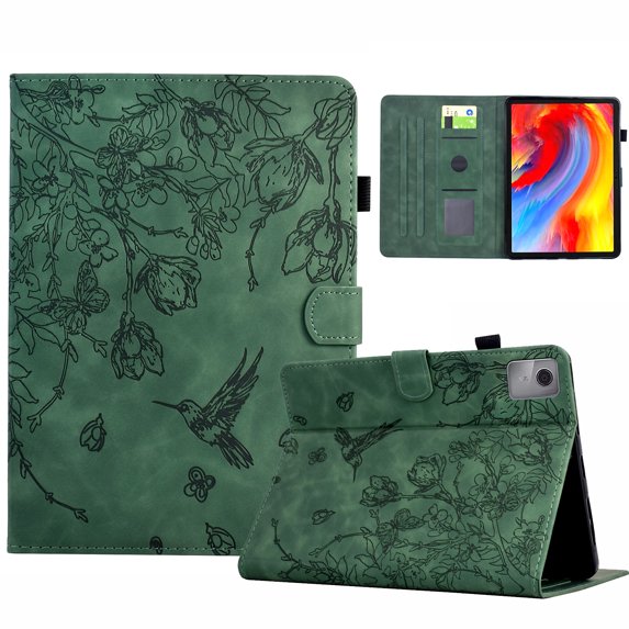 ELEHOLD Case For Lenovo Tab M10 Gen 3 Embossed Flowers and Birds Leather Tablet Case, Slim Back Smart Cover, Full Body Protection, Kickstand,with Card Pocket, Green