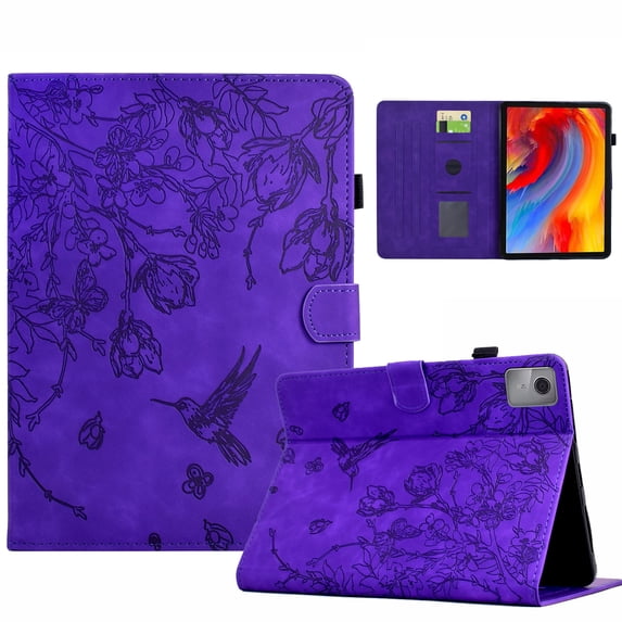 ELEHOLD Case For Lenovo Tab M10 Gen 3 Embossed Flowers and Birds Leather Tablet Case, Slim Back Smart Cover, Full Body Protection, Kickstand,with Card Pocket, Purple