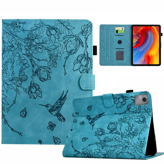 ELEHOLD Case For Lenovo Tab M10 Plus 10.6 (3rd Gen) Embossed Flowers and Birds Leather Tablet Case, Slim Back Smart Cover, Full Body Protection, Kickstand,with Card Pocket, Blue