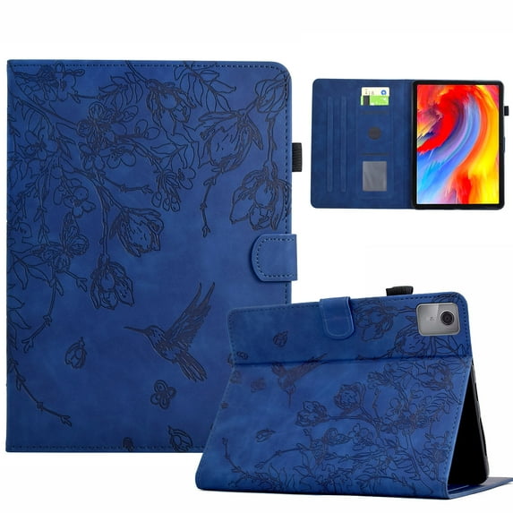 ELEHOLD Case For Lenovo Tab M10 Plus 10.6 (3rd Gen) Embossed Flowers and Birds Leather Tablet Case, Slim Back Smart Cover, Full Body Protection, Kickstand,with Card Pocket, Darkblue