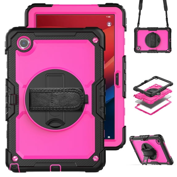 ELEHOLD Case for Lenovo Tab M11 11inch TB330FU TB330XU,Heavy Duty 3-Layer Protection Case Built-in Screen Protector 360° Rotating Kickstand Handstrap Shoulder Strap Shockproof Cover,Black+Rose