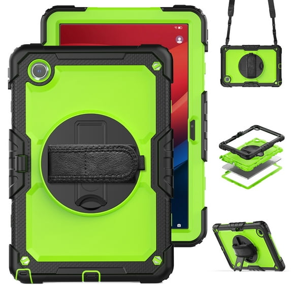 ELEHOLD Case for Lenovo Tab M11 11inch TB330FU TB330XU,Heavy Duty 3-Layer Protection Case Built-in Screen Protector 360° Rotating Kickstand Handstrap Shoulder Strap Shockproof Cover,Black+Green