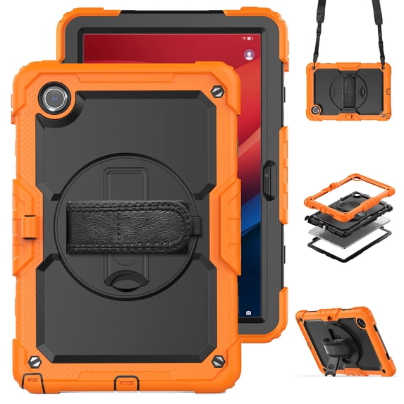 ELEHOLD Case for Lenovo Tab M11 11inch TB330FU TB330XU,Heavy Duty 3-Layer Protection Case Built-in Screen Protector 360° Rotating Kickstand Handstrap Shoulder Strap Shockproof Cover,Orange
