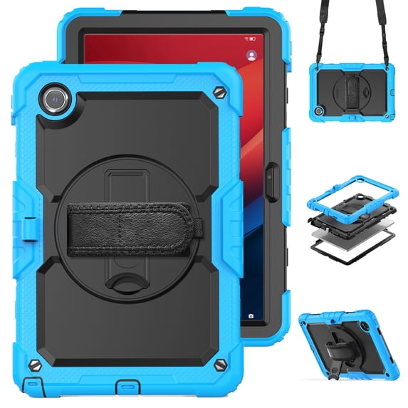 ELEHOLD Case for Lenovo Tab M11 11inch TB330FU TB330XU,Heavy Duty 3-Layer Protection Case Built-in Screen Protector 360° Rotating Kickstand Handstrap Shoulder Strap Shockproof Cover,Lightblue