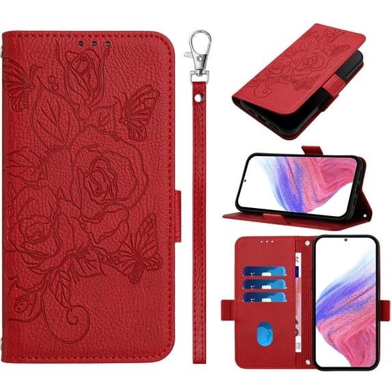 ELEHOLD Case for Motorola G Stylus 5G (2025), RFID Blocking Crossbody Wallet Case, Floral PU Leather Flip Cover with Card Slots & Shoulder Strap & Wrist Lanyard,Red