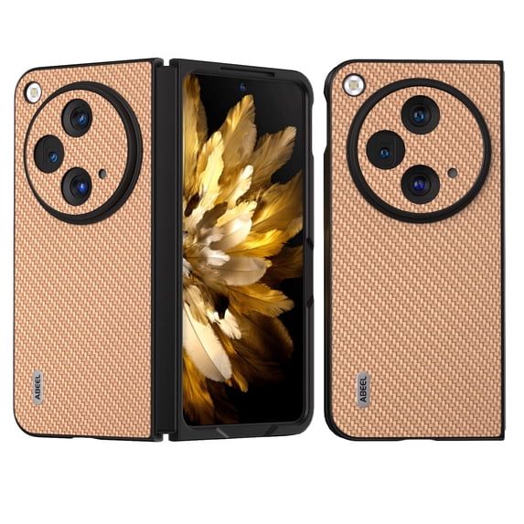 ELEHOLD Case for OnePlus Open, Carbon Fiber Texture Leather Slim Fit Lightweight Shockproof TPU Bumper Protective Back Cover Case for OnePlus Open - Gold